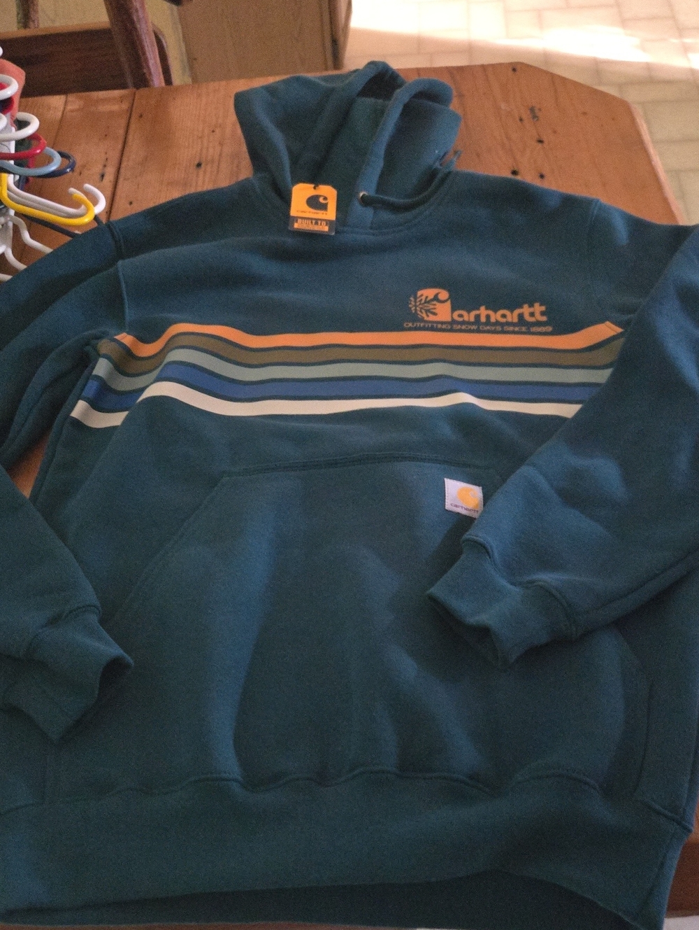 Nwt Carhartt Teal Striped Logo Pullover Hoodie sz S